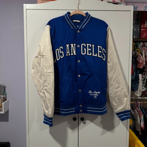 Los Angeles California 99 Hollister Blue/Off white Varsity Jacket